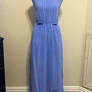 Blue Pleated Sleeveless Halter Maxi Sundress